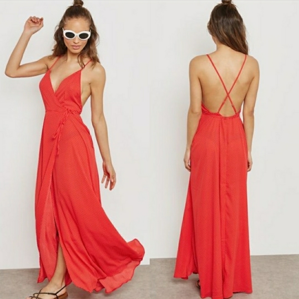 Flowy red tiny polka dot wrap maxi dress, small